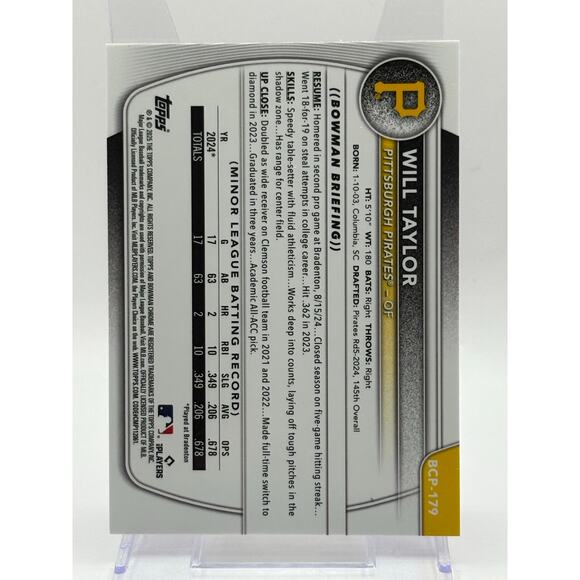 2025 Bowman Chrome Will Taylor 1st Fuchsia Shimmer Refractor 85/199 SP Pirates - Picture 2 of 2